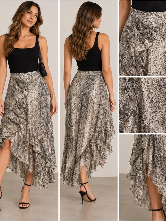 Boohoo Dresses & Skirts - Boohoo Women’s Snake Print Ruffle Midi Skirt - Size US‎ 12 / UK 16 / EU 44